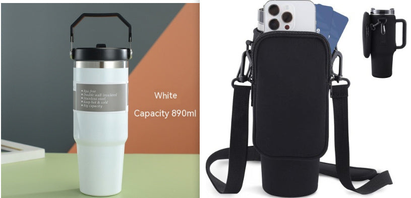 Portable Car Cup Stainless Steel Cup Travel Sports Water Bottle With Handle Cover Coffee Tumbler Cup