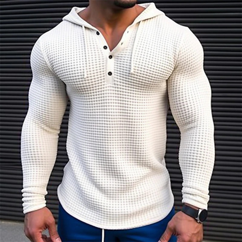 Men's Pullover Casual Long Sleeve T-shirt Waffler Slim Tops Sweat-shirt Solid Color Comfortable Mens  Streetwear S-3XL