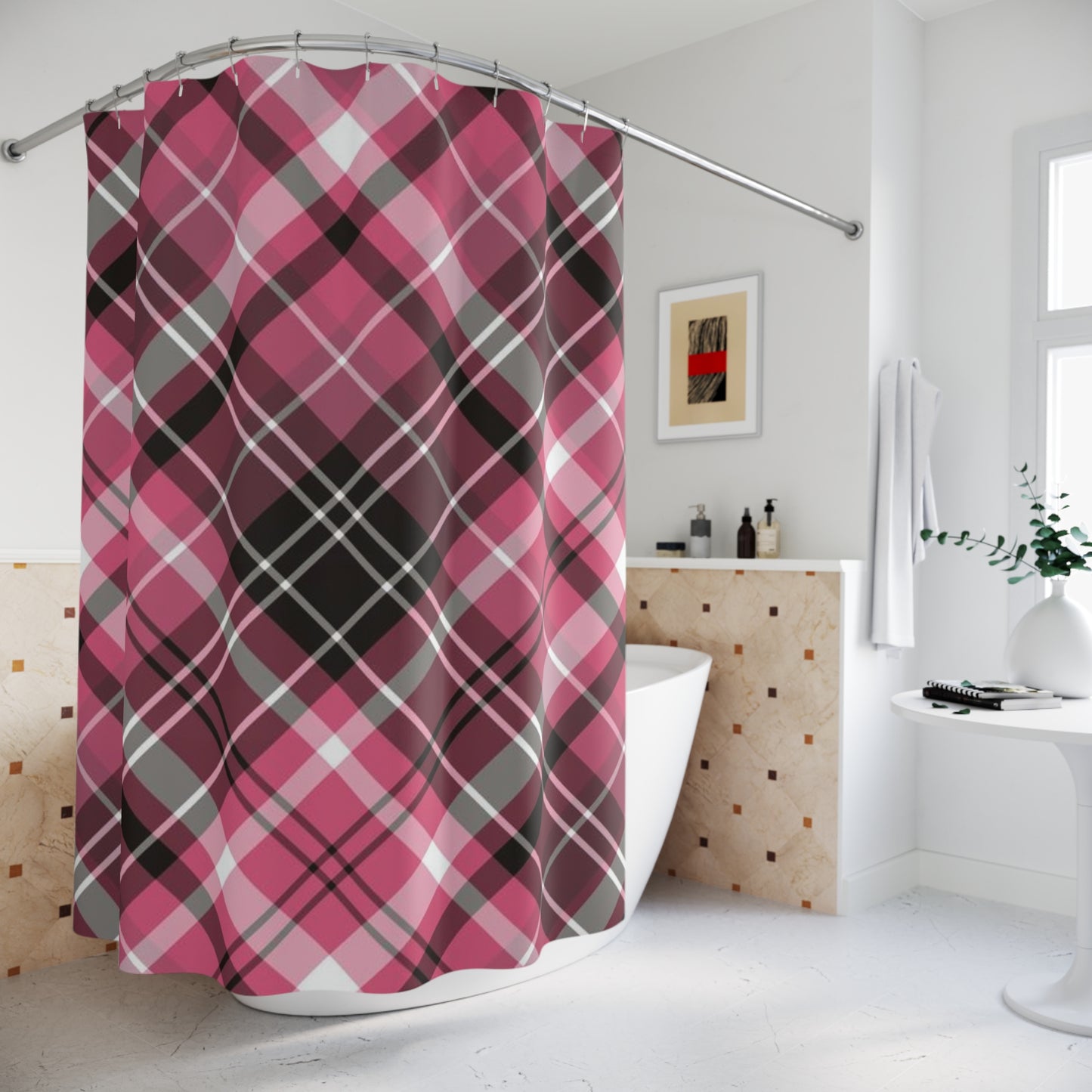 Pink Plaid Shower Curtains- Farmhouse Bathroom Decor- Chic Plaid Bathroom Accent