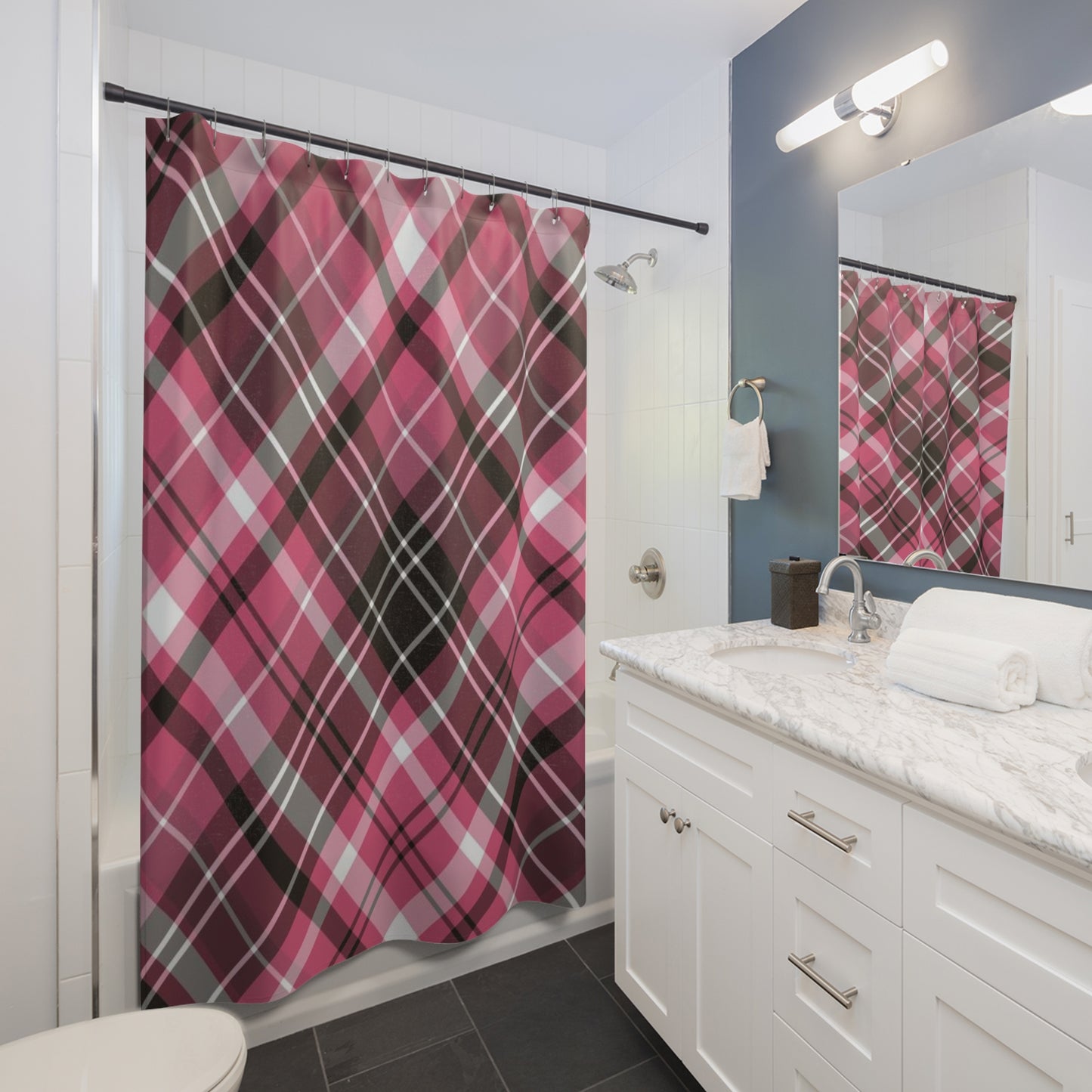 Pink Plaid Shower Curtains- Farmhouse Bathroom Decor- Chic Plaid Bathroom Accent