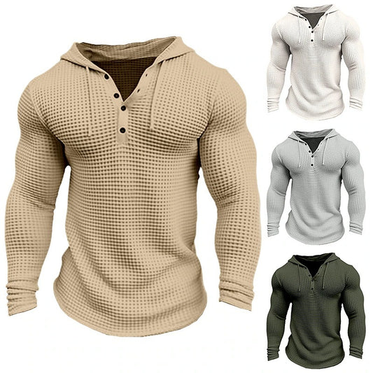 Men's Pullover Casual Long Sleeve T-shirt Waffler Slim Tops Sweat-shirt Solid Color Comfortable Mens  Streetwear S-3XL