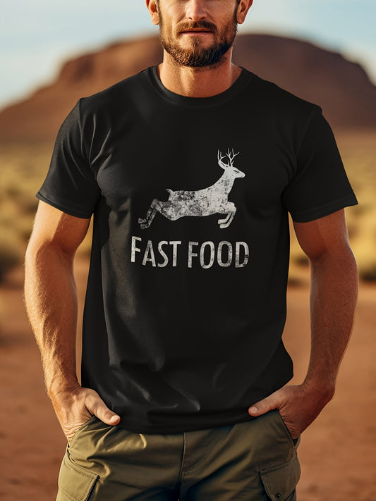 Interesting Joke Hunting Shirt - Men's Front Printed Short Sleeved T-shirt Top - Fast Food Deer - Gift For Hunters