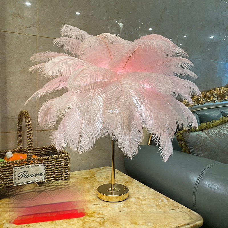 Natural Ostrich Feather Usb Charging Night Lamp Atmosphere Bedroom Cozy True Feathers