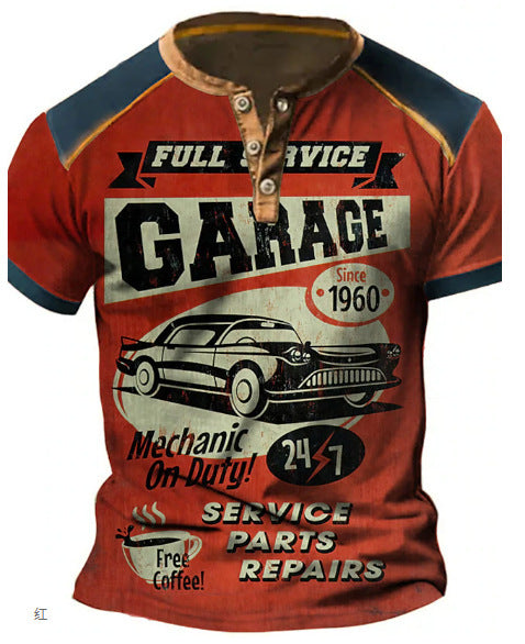 Men's Retro Street Car Digital Printing Short Sleeve