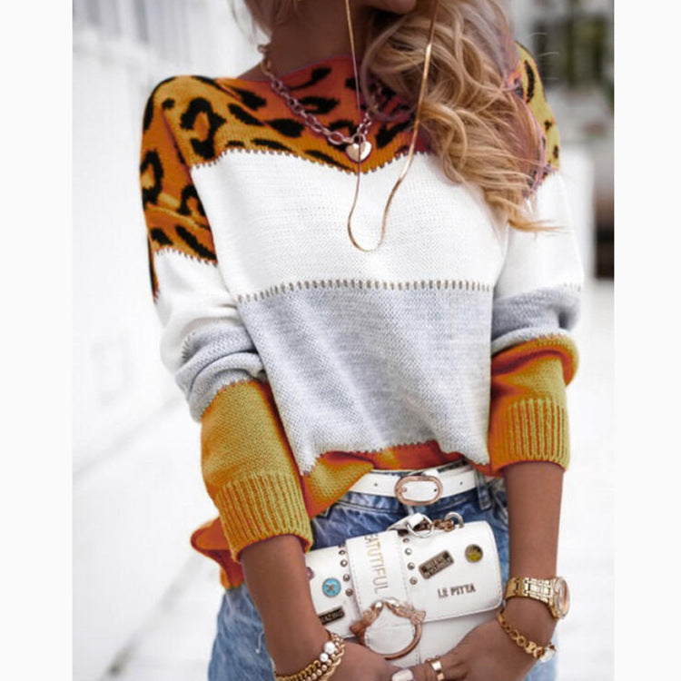 Colorblock Leopard Print Round Neck Casual Sweater Women's Clothing