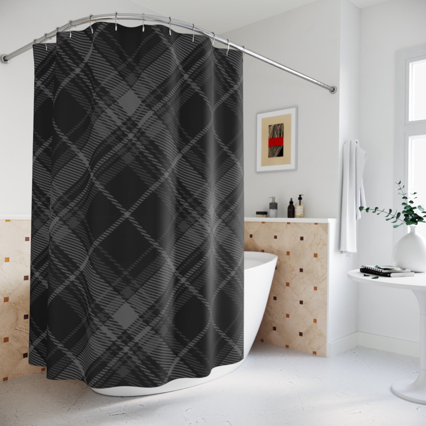 Black Plaid Shower Curtain- Modern Farmhouse, Rustic Plaid Accent