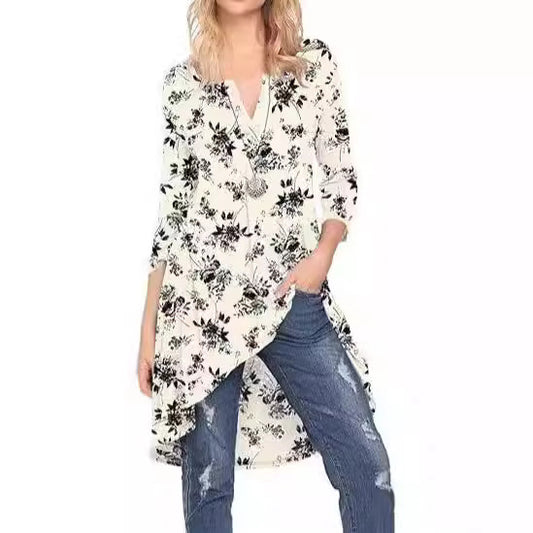 European And American Leisure Long Floral V-neck Printed Mid-length A- Line Dress