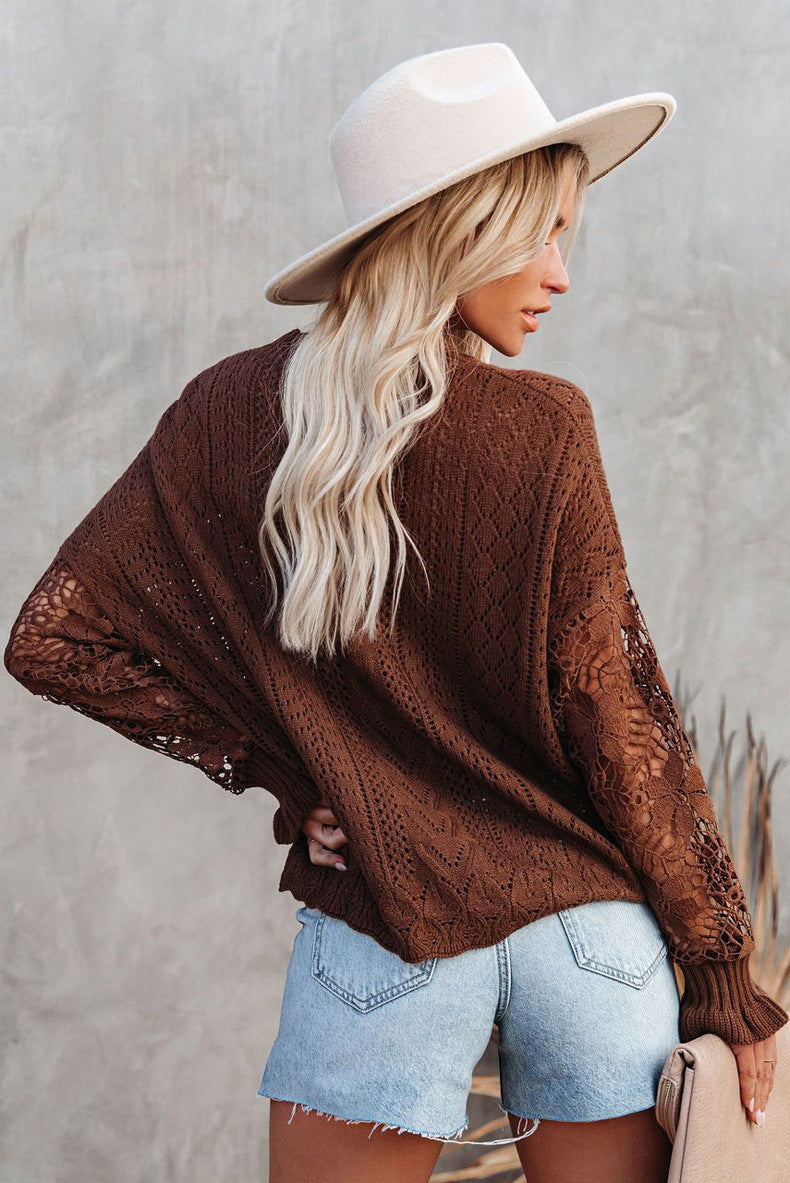 Loose Round Neck Cutout Floral Long-sleeved Sweater