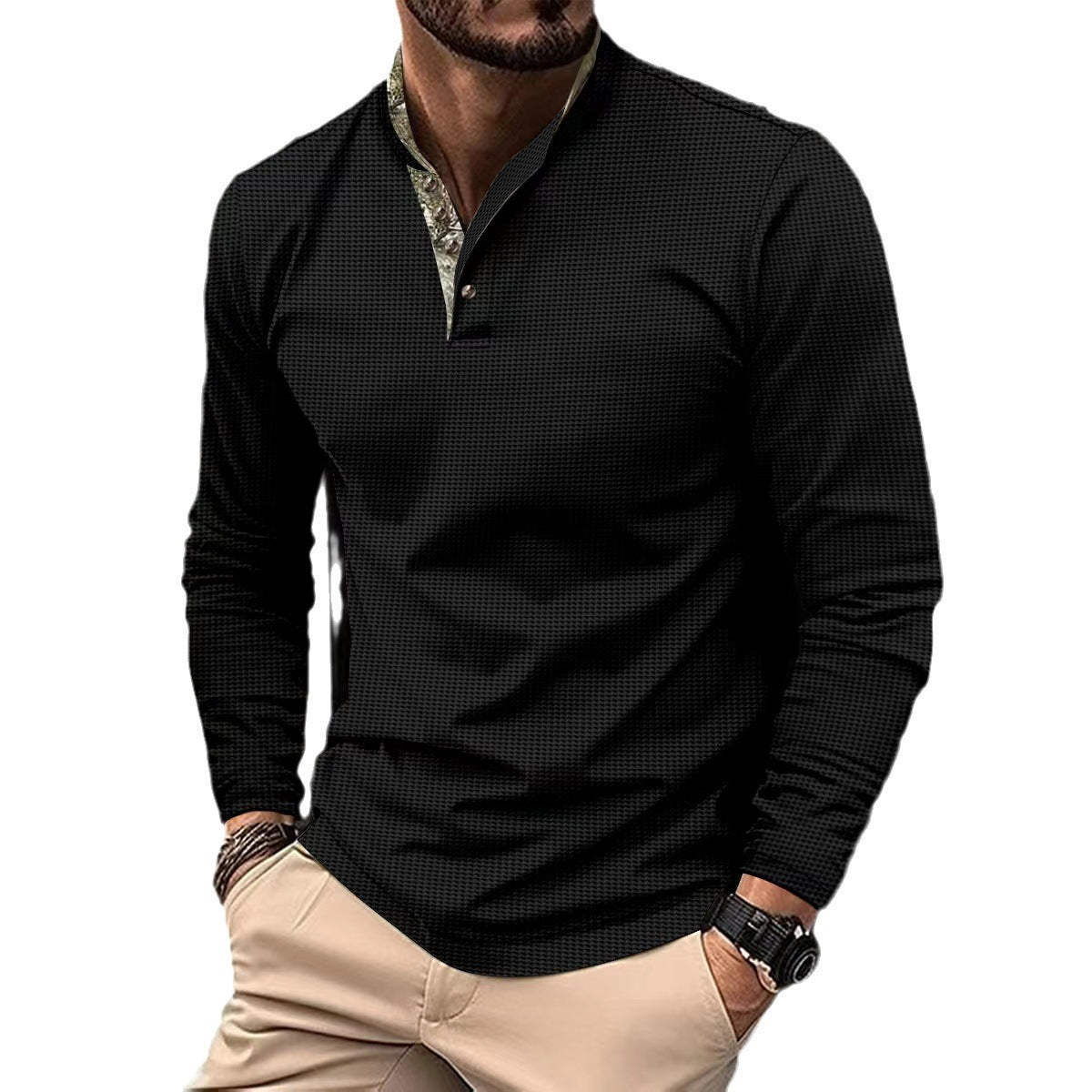 Men's Double Layer Lapel Polo Shirt Fashion Waffle Long-sleeved Tops Clothing