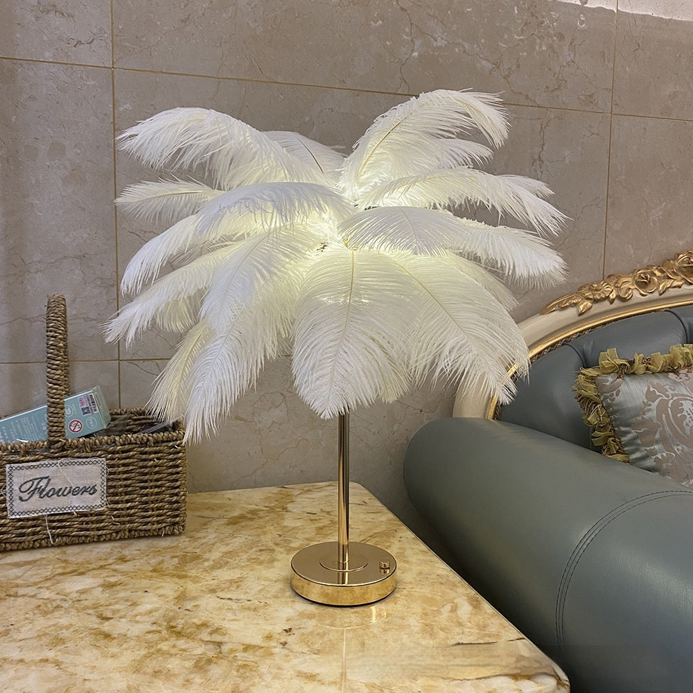 Natural Ostrich Feather Usb Charging Night Lamp Atmosphere Bedroom Cozy True Feathers