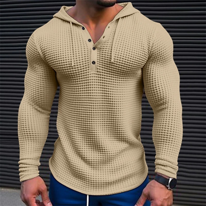 Men's Pullover Casual Long Sleeve T-shirt Waffler Slim Tops Sweat-shirt Solid Color Comfortable Mens  Streetwear S-3XL